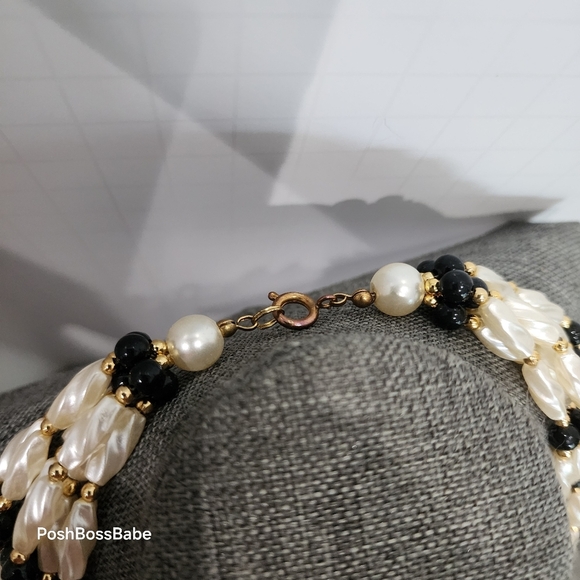 Vintage 5-Strand Faux Pearl & Black Bead Necklace Bracelet Set 20"/9" Gold Tone - Picture 2 of 6